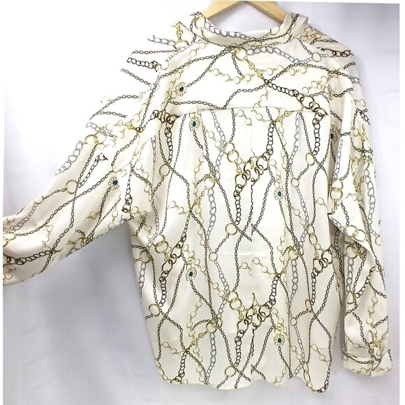 Violeta by Mango Cream V-neck Long Sleeve Blouse with Chains Pattern EUC - Picture 5 of 11